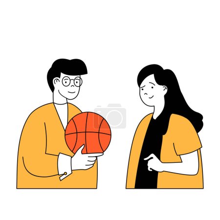 Illustration for Fitness concept with cartoon people in flat design for web. Woman and man playing basketball and training in team for competition. Vector illustration for social media banner, marketing material. - Royalty Free Image
