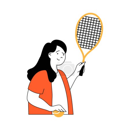 Ilustración de Concepto de fitness con personajes de dibujos animados en diseño plano para web. Mujer con raqueta y pelota jugando tenis y entrenando para la competición. Ilustración vectorial para banner de redes sociales, material de marketing. - Imagen libre de derechos