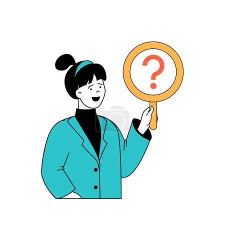 Illustration for Mental health concept with cartoon people in flat design for web. Woman with magnifier searching answers for psychological questions. Vector illustration for social media banner, marketing material. - Royalty Free Image
