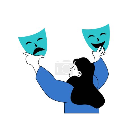 Illustration for Mental health concept with cartoon people in flat design for web. Woman choosing between sad and happy theater masks as social face. Vector illustration for social media banner, marketing material. - Royalty Free Image