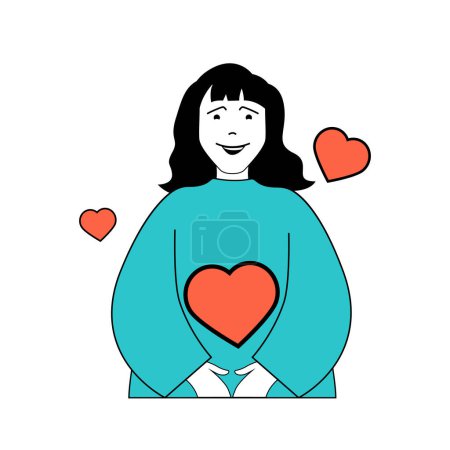 Illustration for Mental health concept with cartoon people in flat design for web. Happy woman feeling positive emotions, loving and accepting herself. Vector illustration for social media banner, marketing material. - Royalty Free Image