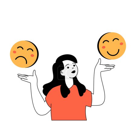 Illustration for Mental health concept with cartoon people in flat design for web. Woman choosing between sad and happy emoticon masks expressions. Vector illustration for social media banner, marketing material. - Royalty Free Image