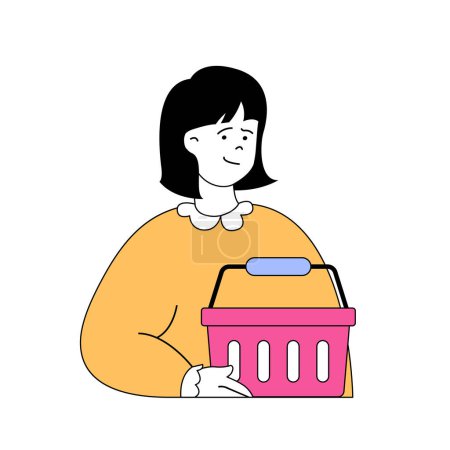 Ilustración de Concepto de comercio móvil con gente de dibujos animados en diseño plano para web. Mujer con cesta de compras en el supermercado o en el mercado en línea. Ilustración vectorial para banner de redes sociales, material de marketing. - Imagen libre de derechos