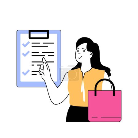 Illustration for Mobile commerce concept with cartoon people in flat design for web. Woman ordering goods packages and shopping online with wish list. Vector illustration for social media banner, marketing material. - Royalty Free Image