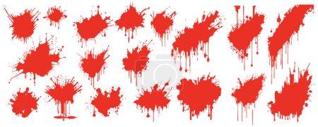 Illustration for Red blood splatters mega set in flat design. Bundle elements of variation dirty liquid blots and bleeding ink with splashes and drops with grunge texture. Vector illustration isolated graphic objects - Royalty Free Image