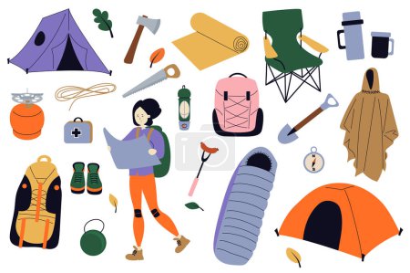 Illustration for Camping mega set in flat design. Bundle elements of tent, axe, mat, thermos, woman tourist with map, travel backpack, hiking boots, sleeping bag, other. Vector illustration isolated graphic objects - Royalty Free Image