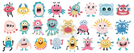 Illustration for Cute monsters mega set in flat design. Bundle elements of colourful funny creatures with teeth, eyes and faces expressing playful and joyful emotions. Vector illustration isolated graphic objects - Royalty Free Image