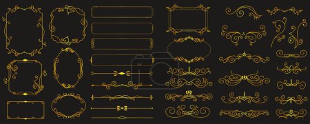 Illustration for Gold vintage frames mega set in flat design. Bundle elements of abstract line classical decorative borders, dividers and templates square or circle forms. Vector illustration isolated graphic objects - Royalty Free Image
