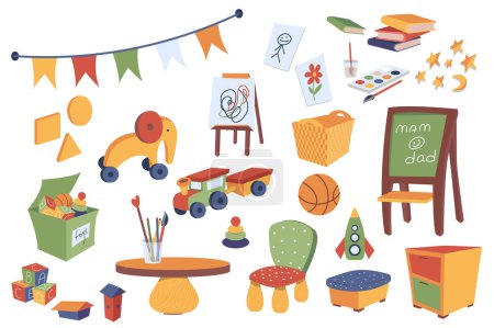 Illustration for Kindergarten interior mega set in flat design. Bundle elements of toys, flag garlands, class blackboard, kids furniture, education books, drawing tools. Vector illustration isolated graphic objects - Royalty Free Image