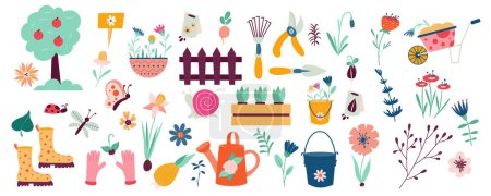Illustration for Spring decor and tools mega set in flat design. Bundle elements of trees, flowers, bucket, seeds, watering can, wheelbarrow, rake, pruner, shovel, other. Vector illustration isolated graphic objects - Royalty Free Image