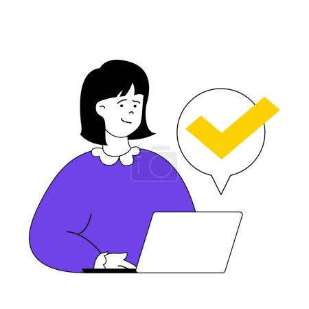 Illustration for Online voting concept with cartoon people in flat design for web. Woman putting tick in election questionnaire form and using laptop. Vector illustration for social media banner, marketing material. - Royalty Free Image