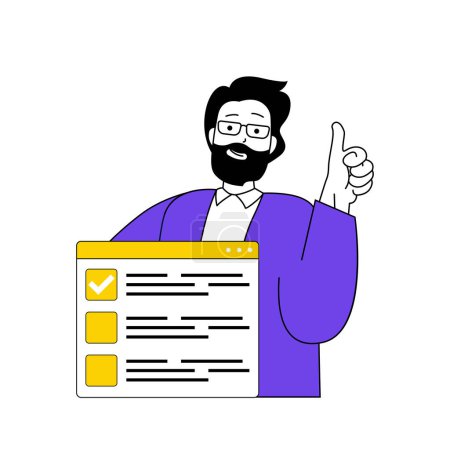 Illustration for Online voting concept with cartoon people in flat design for web. Man takes part in election, choosing his candidates in vote form. Vector illustration for social media banner, marketing material. - Royalty Free Image