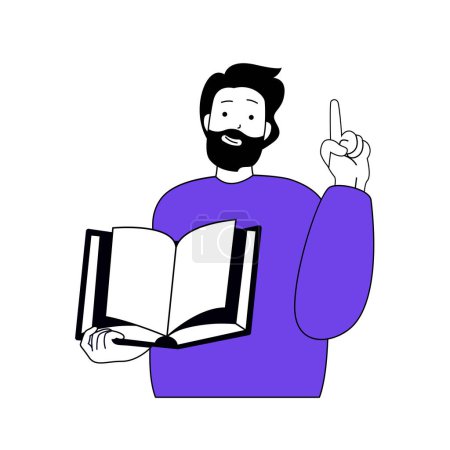 Illustration for Book reading concept with cartoon people in flat design for web. Man holds open textbook at library, learning and getting knowledge. Vector illustration for social media banner, marketing material. - Royalty Free Image