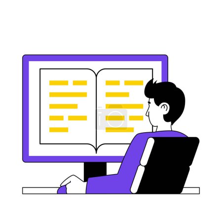 Illustration for Book reading concept with cartoon people in flat design for web. Man reads e-book at computer screen, researching electronic textbooks. Vector illustration for social media banner, marketing material. - Royalty Free Image