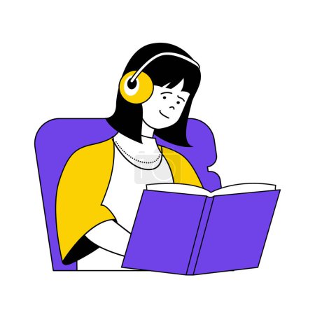 Illustration for Book reading concept with cartoon people in flat design for web. Woman reads textbooks or pastime with new graphic novel or fairytale. Vector illustration for social media banner, marketing material. - Royalty Free Image