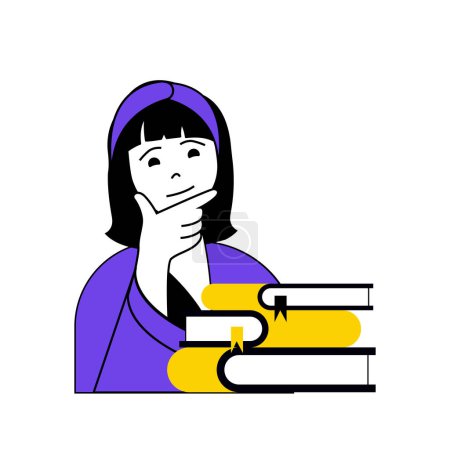 Illustration for Book reading concept with cartoon people in flat design for web. Woman with stacks of textbooks learning and thinking about literary. Vector illustration for social media banner, marketing material. - Royalty Free Image