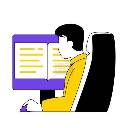 Illustration for Book reading concept with cartoon people in flat design for web. Woman researching electronic textbook at screen, preparing to lesson. Vector illustration for social media banner, marketing material. - Royalty Free Image