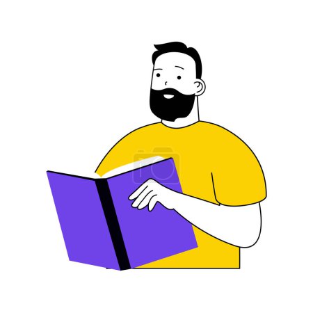 Illustration for Book reading concept with cartoon people in flat design for web. Man reads open book, researching new intellectual novel in library. Vector illustration for social media banner, marketing material. - Royalty Free Image