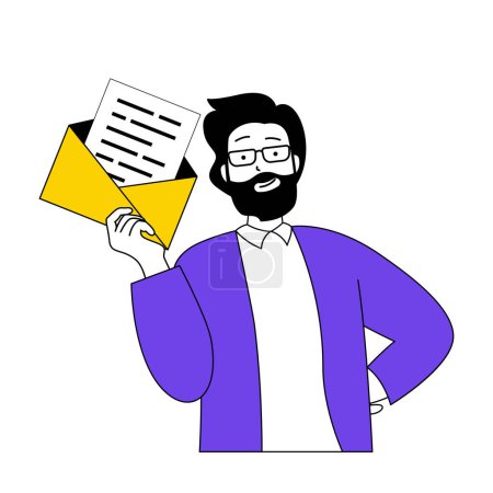 Illustration for Recruitment concept with cartoon people in flat design for web. Man getting business letter with job offer to open vacancy in office. Vector illustration for social media banner, marketing material. - Royalty Free Image