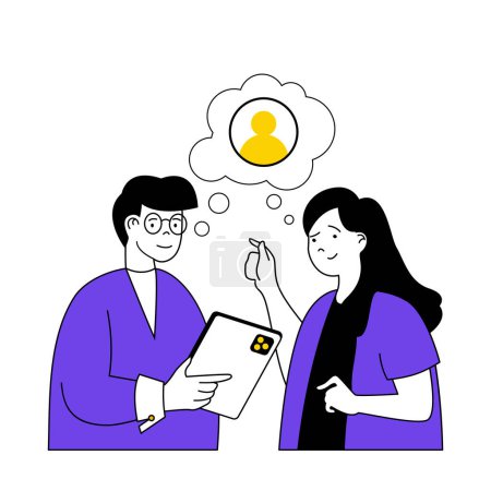 Illustration for Recruitment concept with cartoon people in flat design for web. Woman and man discussing new candidate to open vacancy and contract. Vector illustration for social media banner, marketing material. - Royalty Free Image
