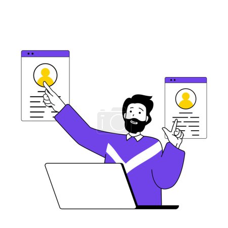 Illustration for Recruitment concept with cartoon people in flat design for web. Man selecting best workers and choosing candidates to company staff. Vector illustration for social media banner, marketing material. - Royalty Free Image