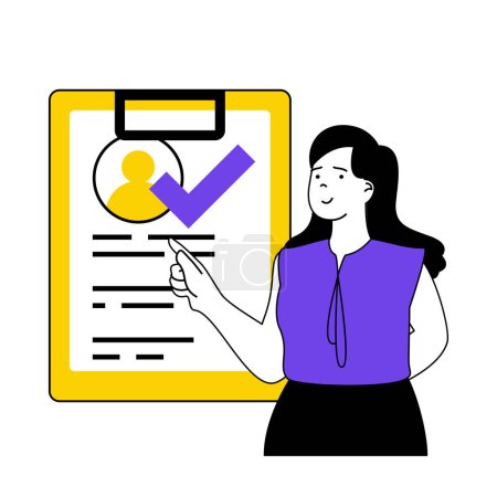 Illustration for Recruitment concept with cartoon people in flat design for web. Woman with best professional resume getting approved to office work. Vector illustration for social media banner, marketing material. - Royalty Free Image