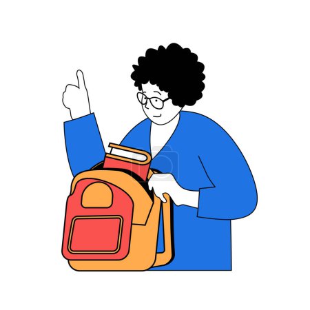 Illustration for School learning concept with cartoon people in flat design for web. Woman helping pupil to preparing schoolbag with books to lessons. Vector illustration for social media banner, marketing material. - Royalty Free Image