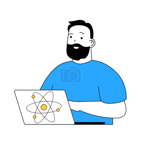 Illustration for Science laboratory concept with cartoon people in flat design for web. Scientist making data analysis of atom structure using laptop. Vector illustration for social media banner, marketing material. - Royalty Free Image
