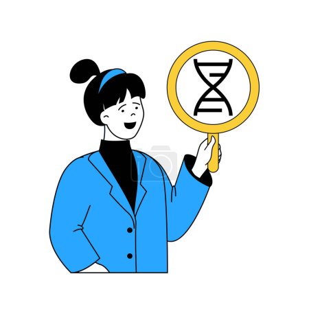Illustration for Science laboratory concept with cartoon people in flat design for web. Scientist with magnifier makes genetic research of dna molecule. Vector illustration for social media banner, marketing material. - Royalty Free Image