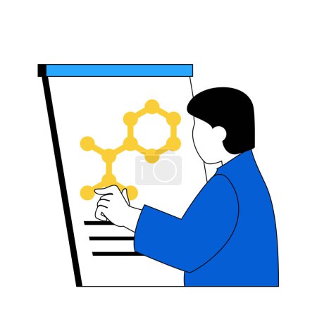 Illustration for Science laboratory concept with cartoon people in flat design for web. Scientist making presentation at board with molecular structure. Vector illustration for social media banner, marketing material. - Royalty Free Image