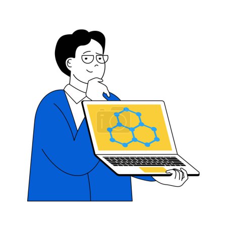 Illustration for Science laboratory concept with cartoon people in flat design for web. Scientist working at laptop with cells molecule structure. Vector illustration for social media banner, marketing material. - Royalty Free Image