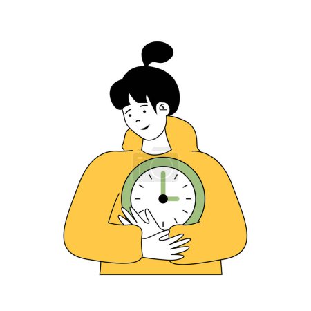 Illustration for Time management concept with cartoon people in flat design for web. Woman with clock controlling her work processes and productivity. Vector illustration for social media banner, marketing material. - Royalty Free Image