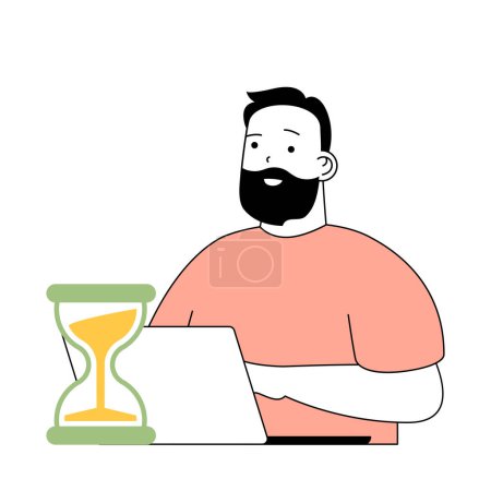 Illustration for Time management concept with cartoon people in flat design for web. Man working at laptop and controlling workflow with hourglass. Vector illustration for social media banner, marketing material. - Royalty Free Image