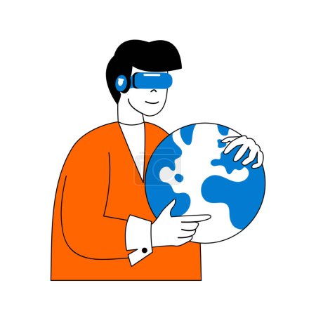 Illustration for Virtual reality concept with cartoon people in flat design for web. Man in VR headset connecting with globe network and metaverse. Vector illustration for social media banner, marketing material. - Royalty Free Image