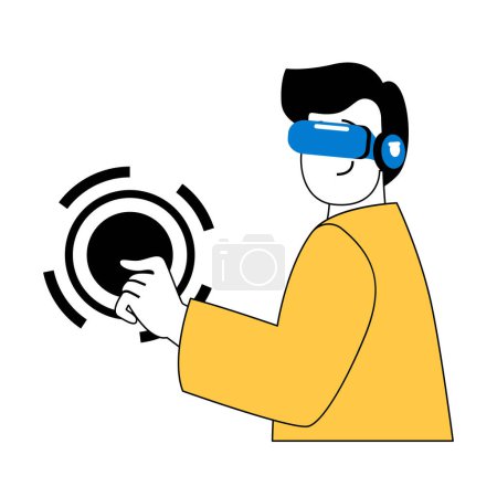 Illustration for Virtual reality concept with cartoon people in flat design for web. Man in VR headset doing click gesture and push to interface. Vector illustration for social media banner, marketing material. - Royalty Free Image