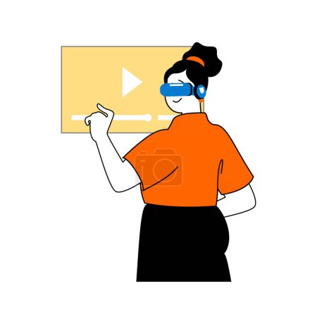 Illustration for Virtual reality concept with cartoon people in flat design for web. Woman in VR headset watching video content for online learning. Vector illustration for social media banner, marketing material. - Royalty Free Image