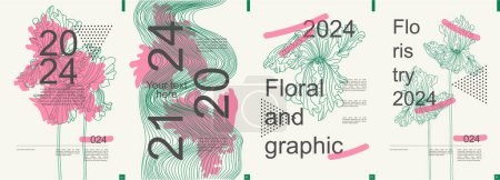 Illustration for Floral modern banner with trendy minimalist typography design. Poster templates with blooming iris graphic silhouettes, abstract geometric line grids with waves, text elements. Vector illustration. - Royalty Free Image