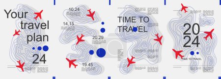 Illustration for Travel modern banner with trendy minimalist typography design. Poster templates with flying airplanes with abstract graphic shapes and text elements for vacation and travelling. Vector illustration. - Royalty Free Image
