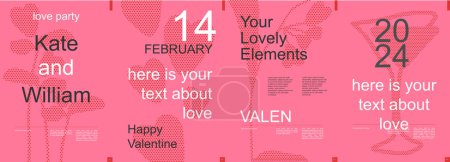 Illustration for Valentine day modern banner with trendy minimalist typography design. Poster templates with flowers, plants and cocktails glass pink silhouettes and text elements for invitation. Vector illustration. - Royalty Free Image
