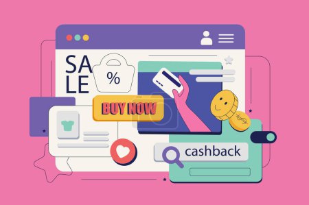 Illustration for Commerce concept in flat neo brutalism design for web. Online shopping at sale, ordering goods with credit card payment at webpage. Vector illustration for social media banner, marketing material. - Royalty Free Image