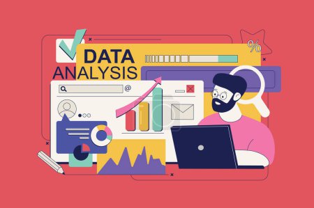 Illustration for Data analysis concept in flat neo brutalism design for web. Man researching statistic diagrams or charts, searching information online. Vector illustration for social media banner, marketing material. - Royalty Free Image