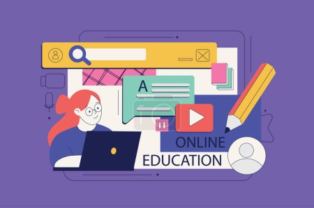Illustration for Online education concept in flat neo brutalism design for web. Student learning at video lessons, doing homework, searches information. Vector illustration for social media banner, marketing material. - Royalty Free Image