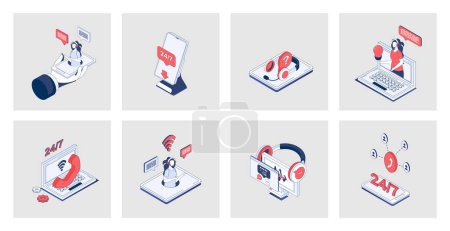 Illustration for Customer support concept of isometric icons in 3d isometry design for web. Online assistance and business communication, technical solution center with operators, client feedback. Vector illustration - Royalty Free Image