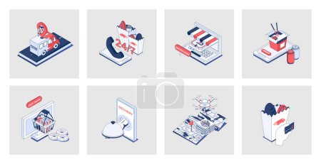 Illustration for Food delivery concept of isometric icons in 3d isometry design for web. Online ordering of pizza or grocery bags, fast courier shipping to home, restaurant menu delivering service. Vector illustration - Royalty Free Image