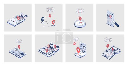 Illustration for GPS navigation concept of isometric icons in 3d isometry design for web. Global positioning system with maps, traffic and streets view, compass navigator, location route pointers. Vector illustration - Royalty Free Image