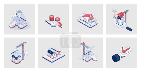 Illustration for Real estate concept of isometric icons in 3d isometry design for web. House property buying, searching new home, apartment rent, building residential houses, mortgage for customer. Vector illustration - Royalty Free Image