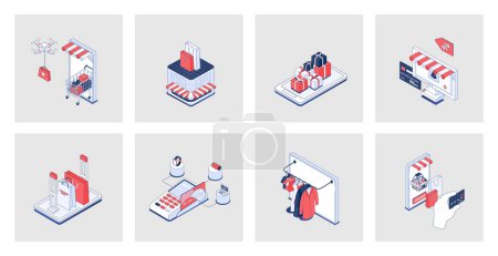 Illustration for Shopping concept of isometric icons in 3d isometry design for web. Online purchasing, buying new goods in retail stores and shops, credit card payment with delivery service. Vector illustration - Royalty Free Image