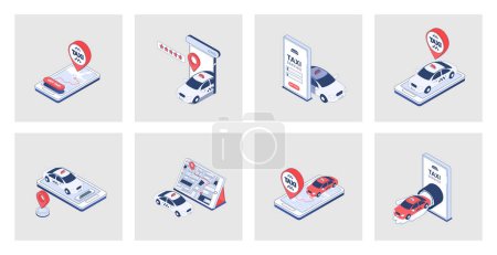Illustration for Taxi service concept of isometric icons in 3d isometry design for web. Online car booking, traffic tracking and map navigation in app, call for ordering cab, city transportation. Vector illustration - Royalty Free Image