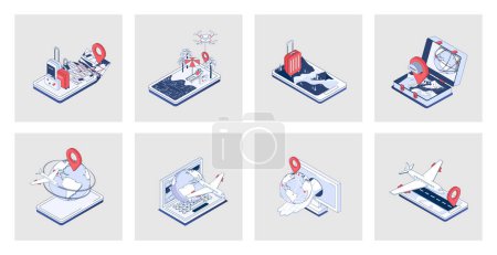 Illustration for Travelling concept of isometric icons in 3d isometry design for web. Online tickets booking, flight with baggage to vacation, global tourism, summer trip to sea beach resort. Vector illustration - Royalty Free Image