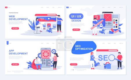 Illustration for Web development concept for landing page in flat design. App developing with UI UX designing, programming, interface creating, SEO optimization. Vector illustration with people characters for homepage - Royalty Free Image